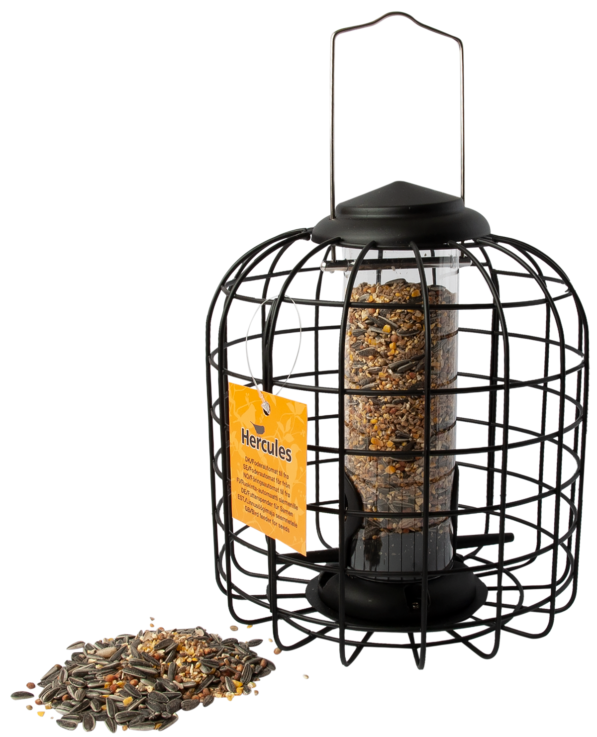 Hercules fuglefoderautomat til frø i sort metal med beskyttelsesgitter