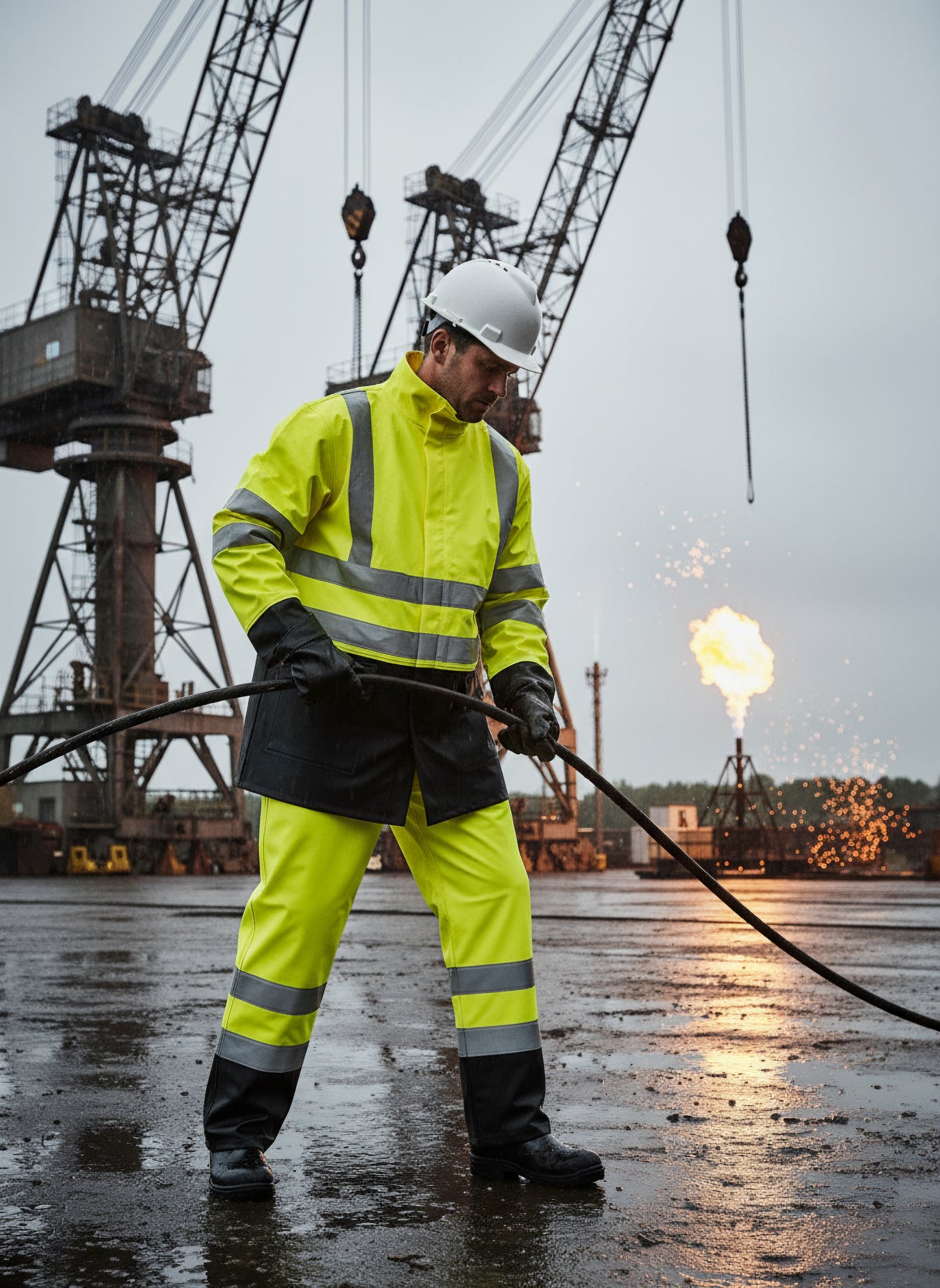 Brandhæmmende Hi-Vis regnjakke i kraftig PU/PVC kvalitet - Saturn Gul / Navy