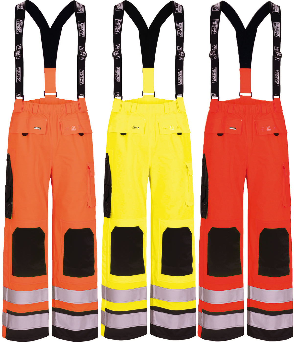 Brandhæmmende Hi-Vis regnbukser i kraftig PU kvalitet - Hi-Vis Orange / Navy