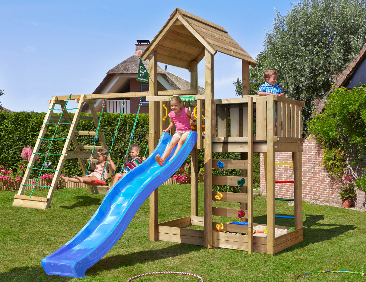 Legetårn Jungle Gym Mansion 2.1 m/2-Climb Module 220 og blå rutsjebane