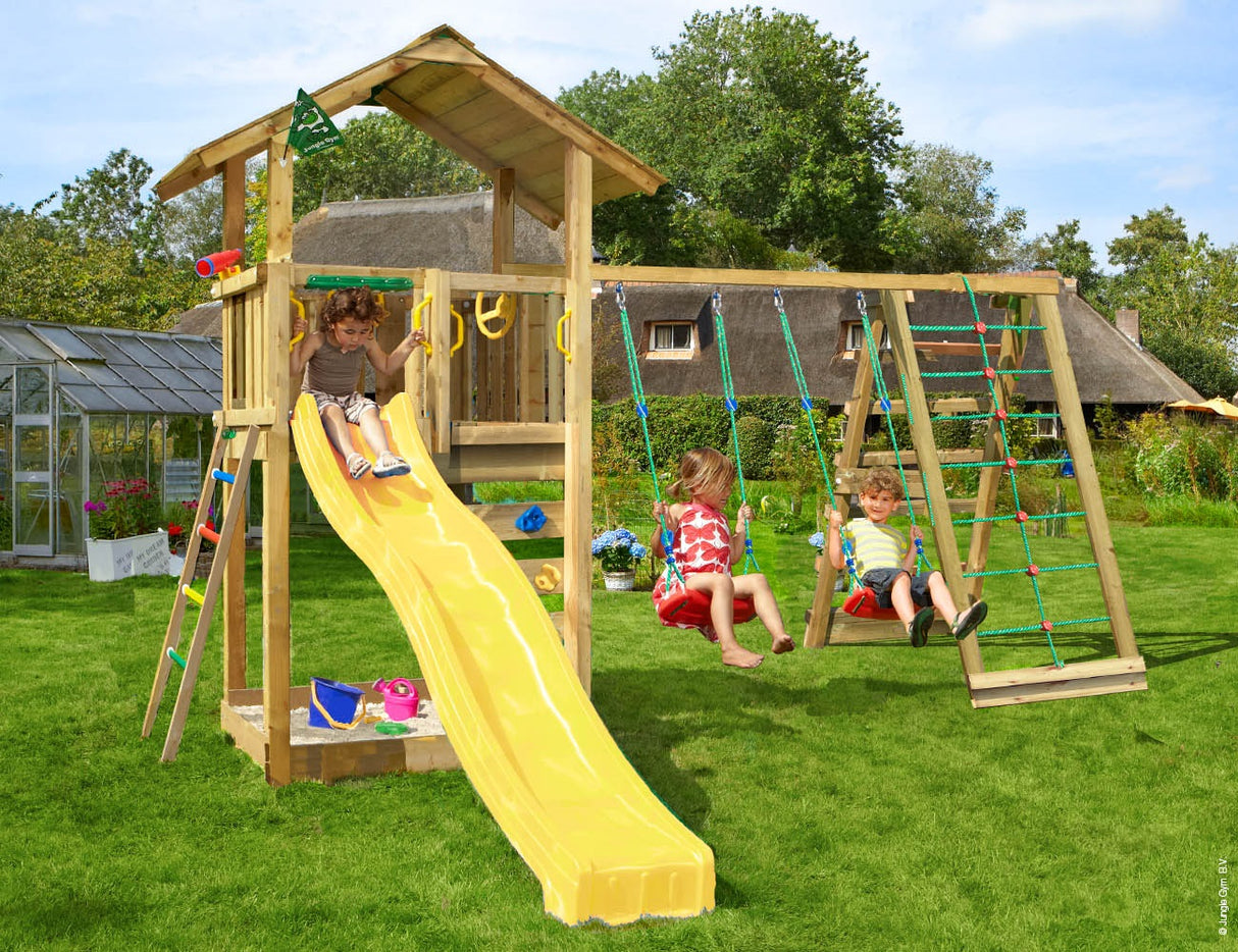 Legetårn Jungle Gym Sierra 2.1 m/2-Climb Module 220 og gul rutschebane