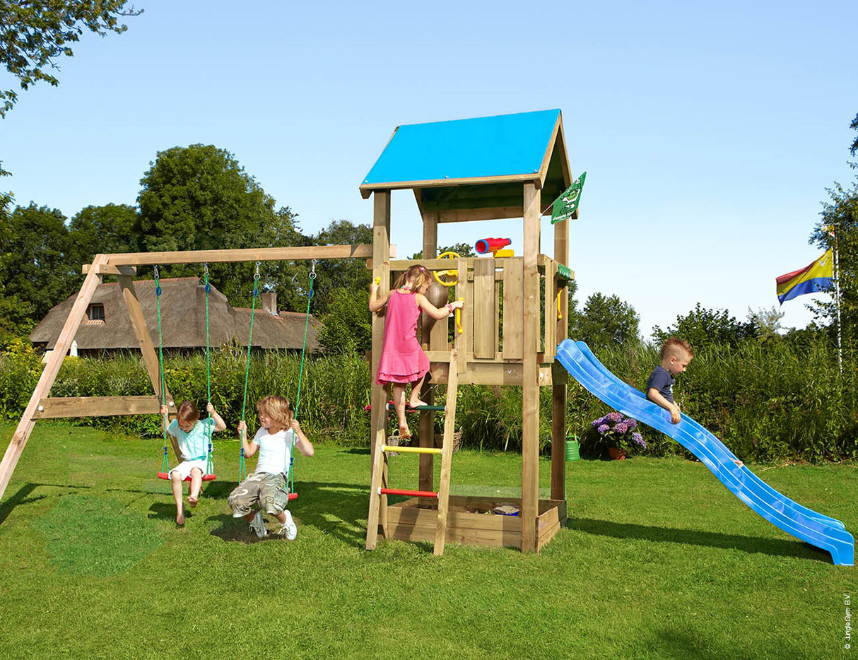 Legetårn Jungle Gym Castle 2.1 m/2-Swing Module 220 og blå rutschebane