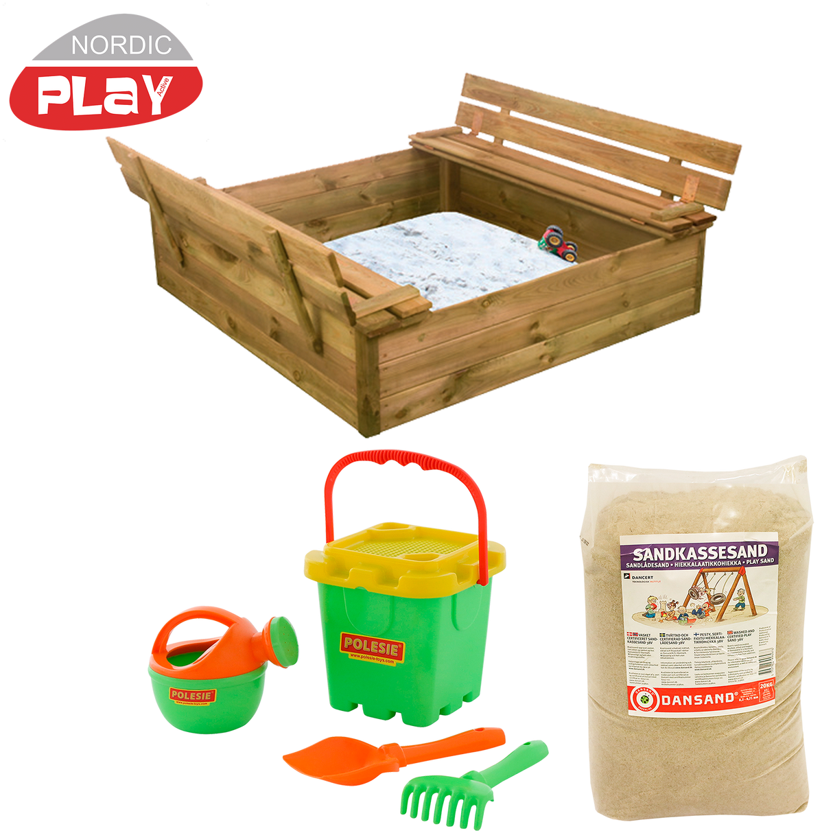 Sandkasse med bænk & låg, med 240 kg sand og grønt strandsæt