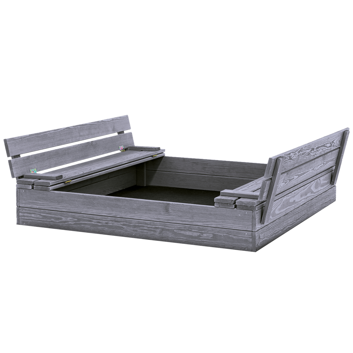 Sandkasse 120 x 120 cm med vippelåg og bænk, grå, grundmalet