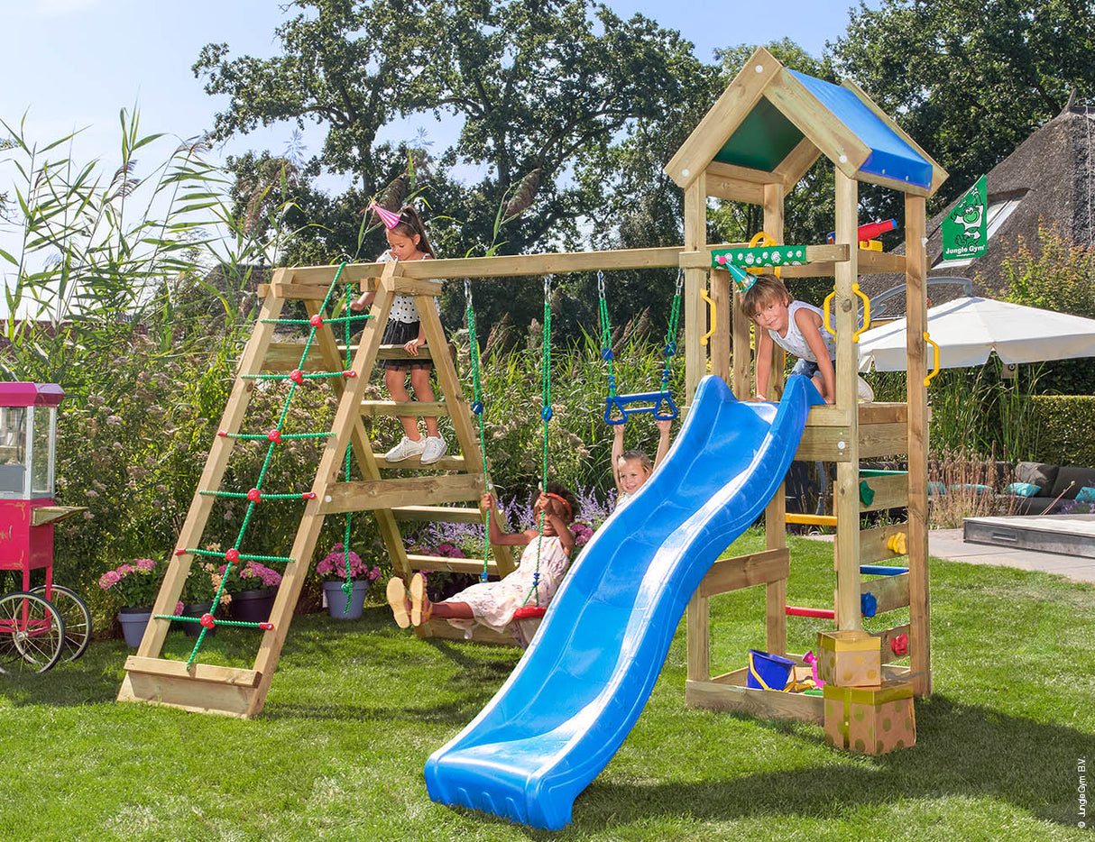 Legetårn Jungle Gym Patio m/2-Climb Module 200 og blå rutsjebane