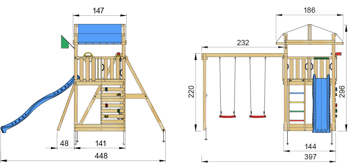 Legetårn Jungle Gym Fort 2.1 inkl. Swing Module og blå rutschebane