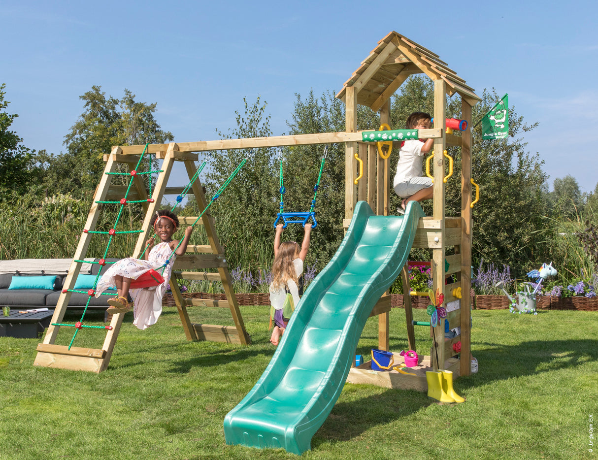 Legetårn Jungle Gym Cocoon m/2-Climb Module 200 og grøn rutsjebane