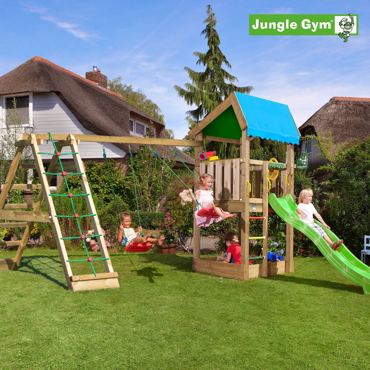 Legetårn Jungle Gym Home 2.1 m/2-Climb Module 220 og grøn rutschebane