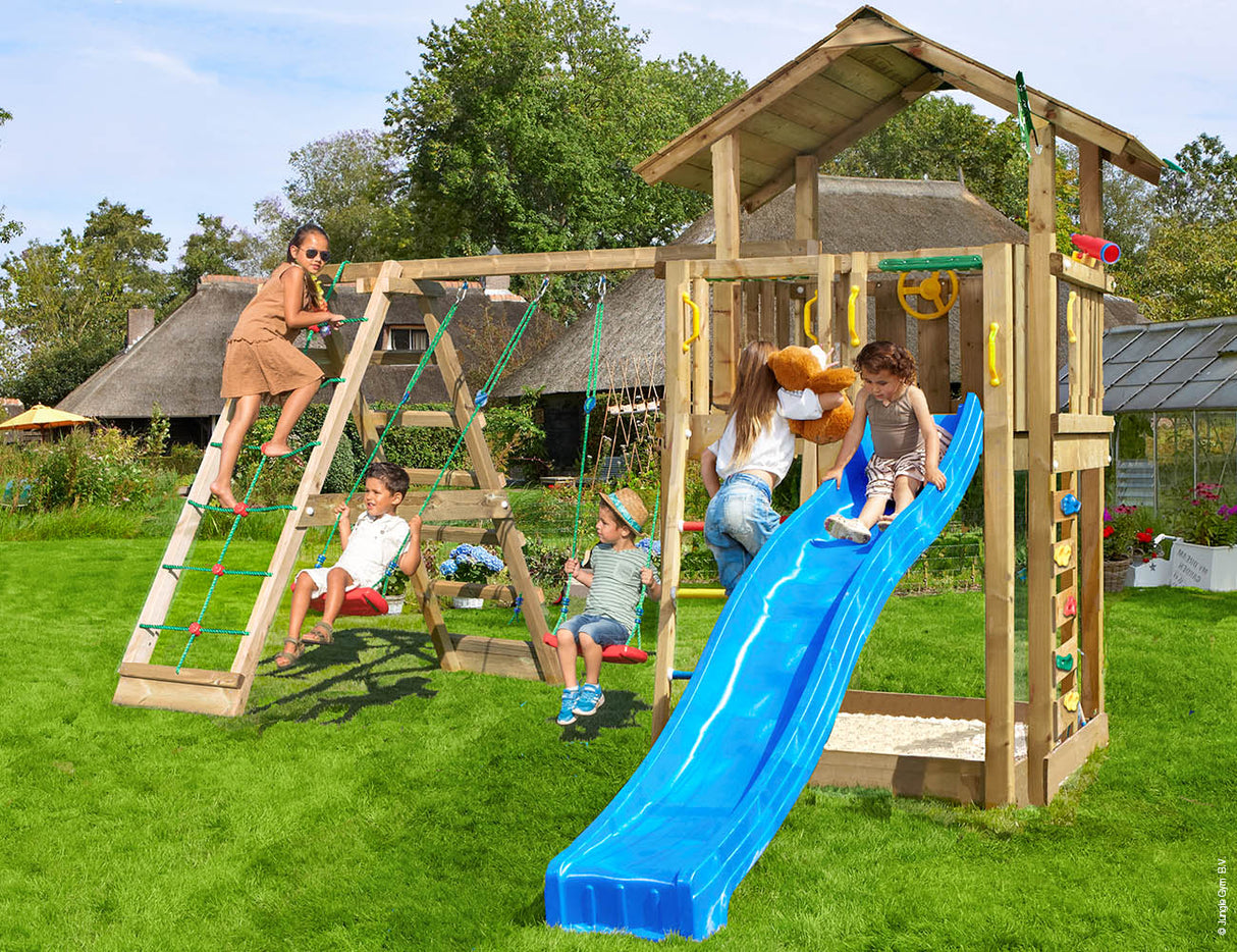 Legetårn Jungle Gym Chalet 2.1 m/2-Climb Module 220 og blå rutschebane