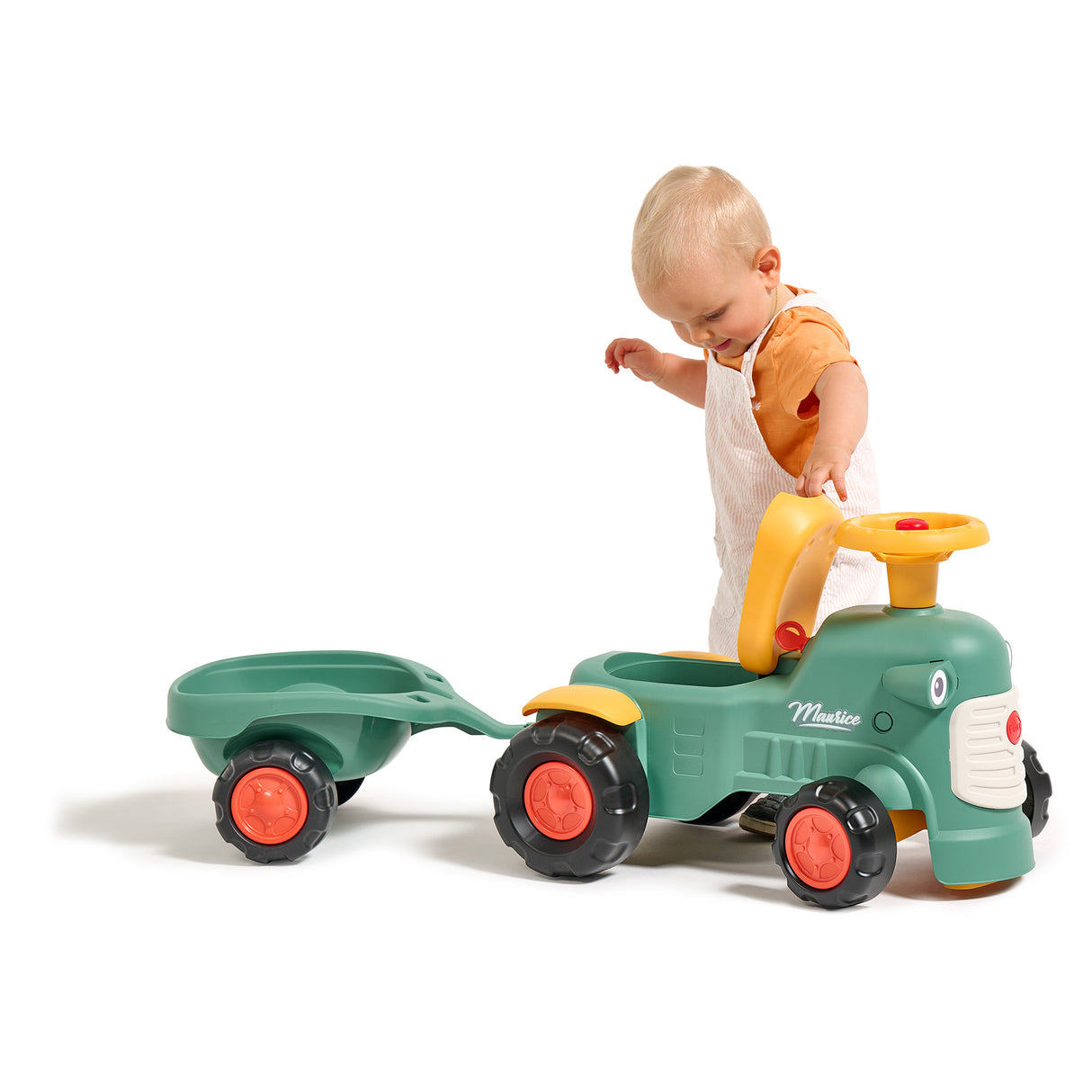 Maurice gå-traktor med rat, horn og trailer FALK