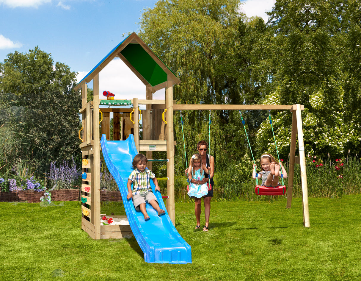 Legetårn Jungle Gym Lodge 2.1 inkl. Swing Module og blå rutschebane
