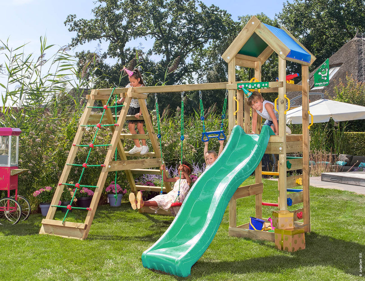 Legetårn Jungle Gym Patio m/2-Climb Module 200 og grøn rutsjebane