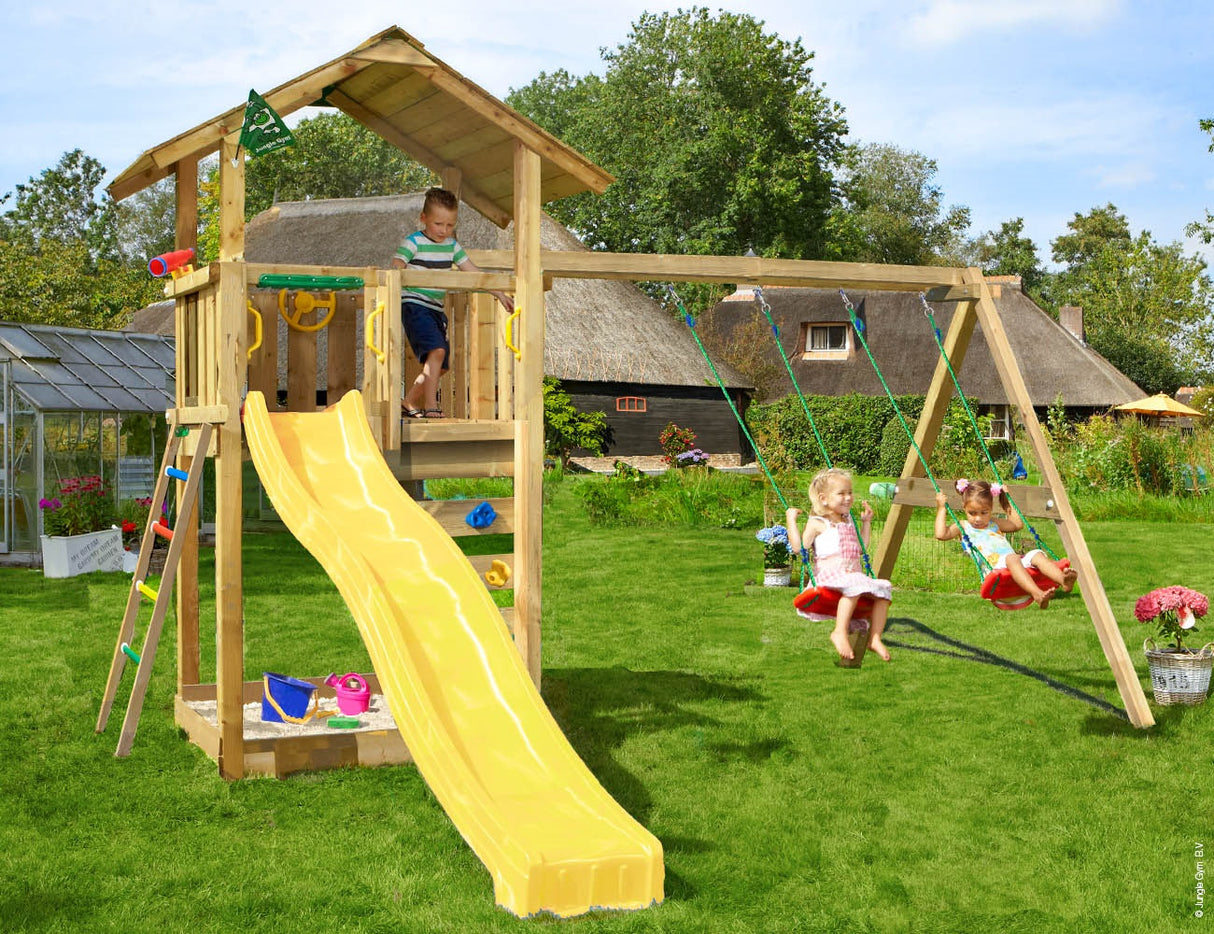 Legetårn Jungle Gym Sierra 2.1 m/Swing Module 220 og gul rutschebane