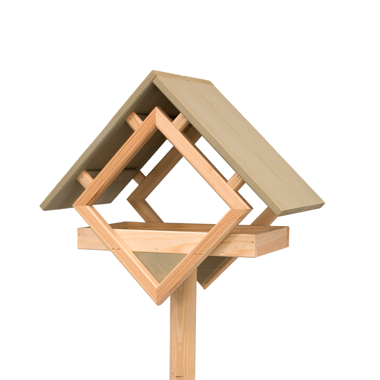 Fuglefoderhus af fyrretræ olivengrøn med umalet stander