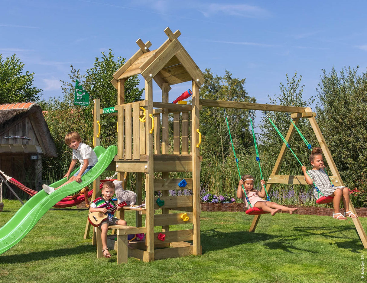 Legetårn Jungle Gym Teepee m/2-Swing Module 200 og grøn rutschebane