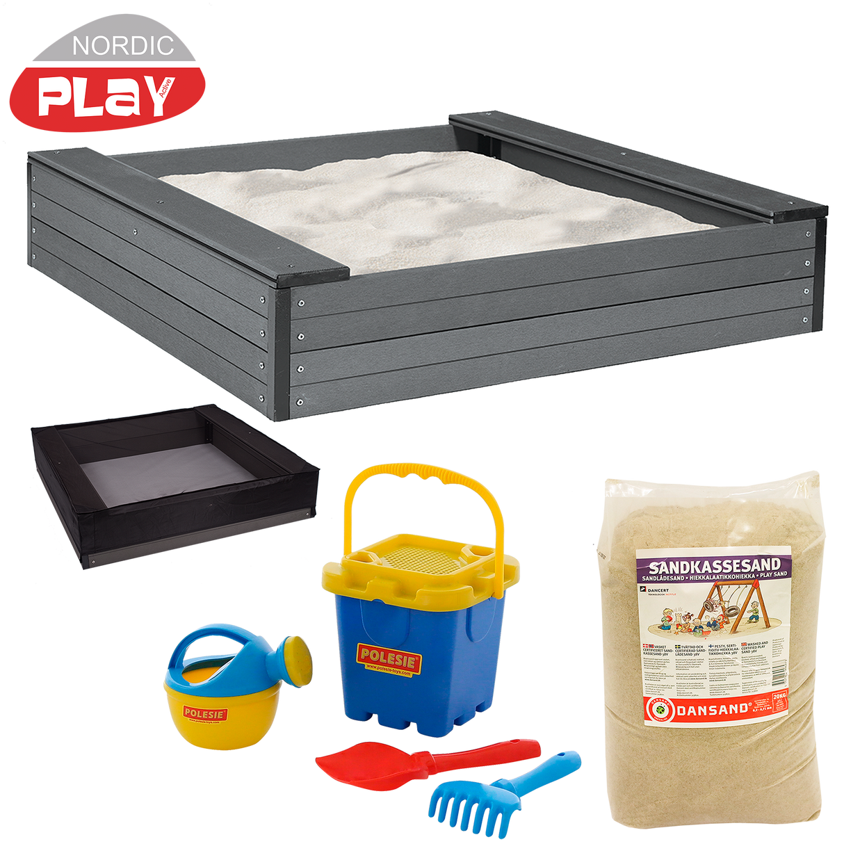 Sandkasse WPC 120 x 120 cm med net, 240 kg sand og blåt strandsæt