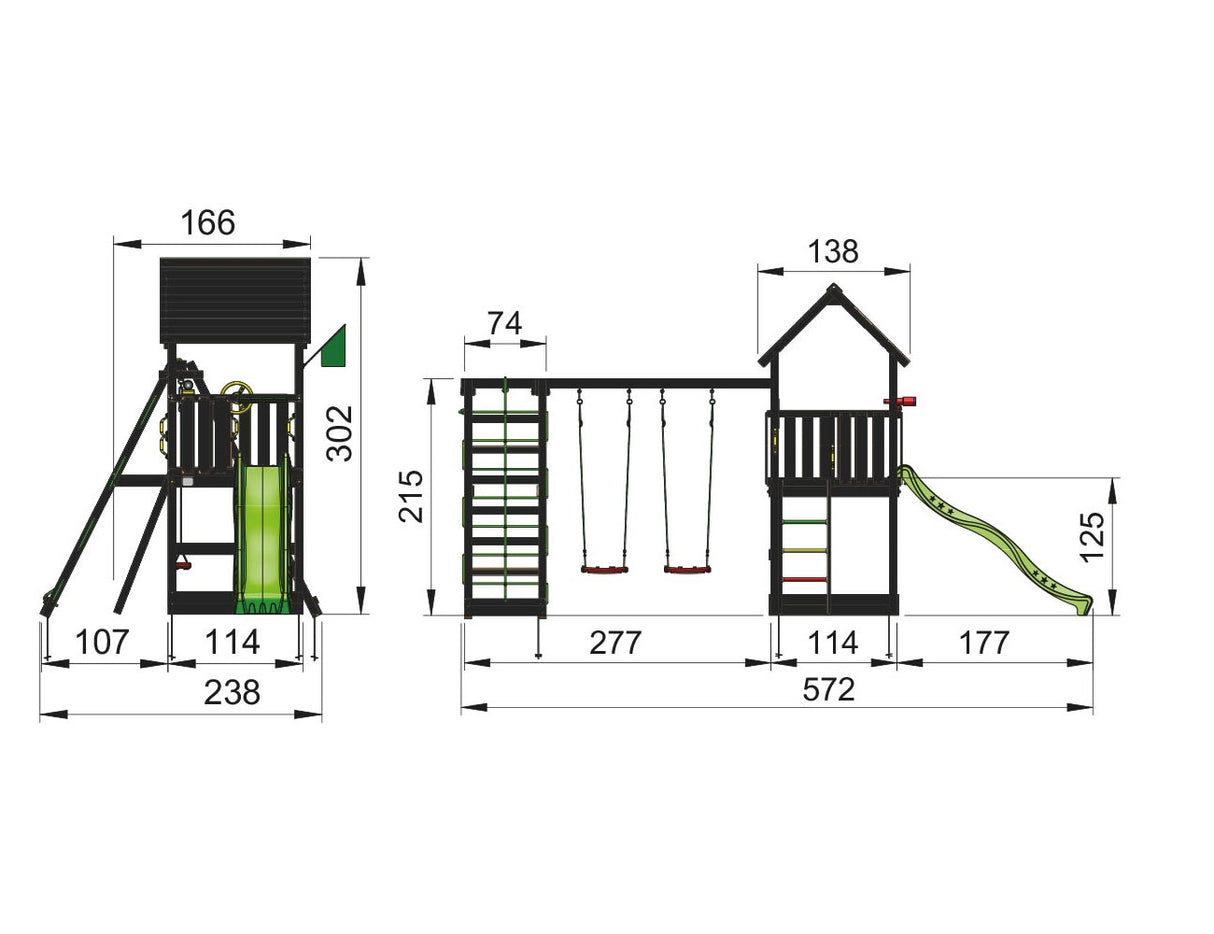 Legetårn Jungle Gym Club, grundmalet sort, w/2-Climb Module 220 og grøn rutschebane