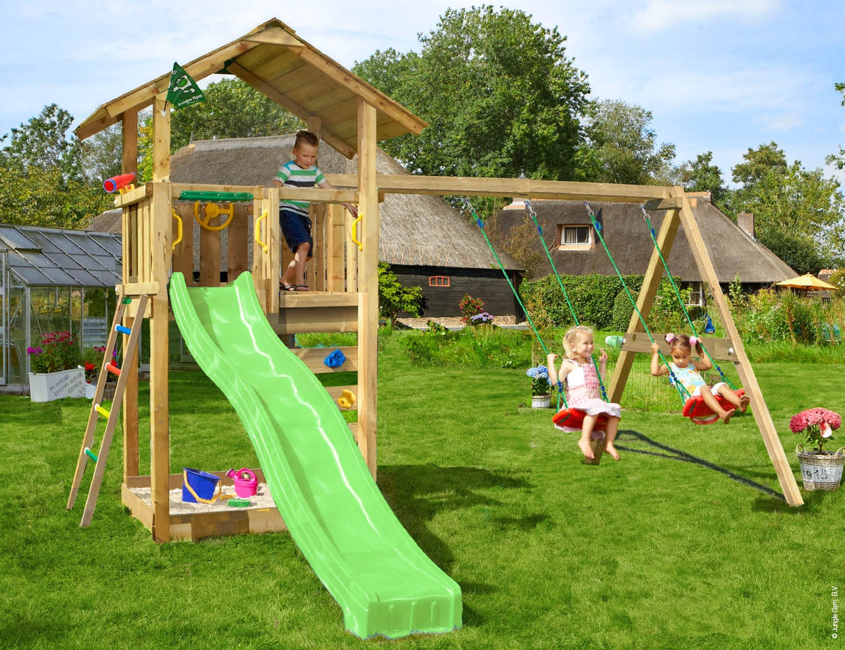 Legetårn Jungle Gym Sierra 2.1 m/2-Swing Module 220 og grøn rutschebane