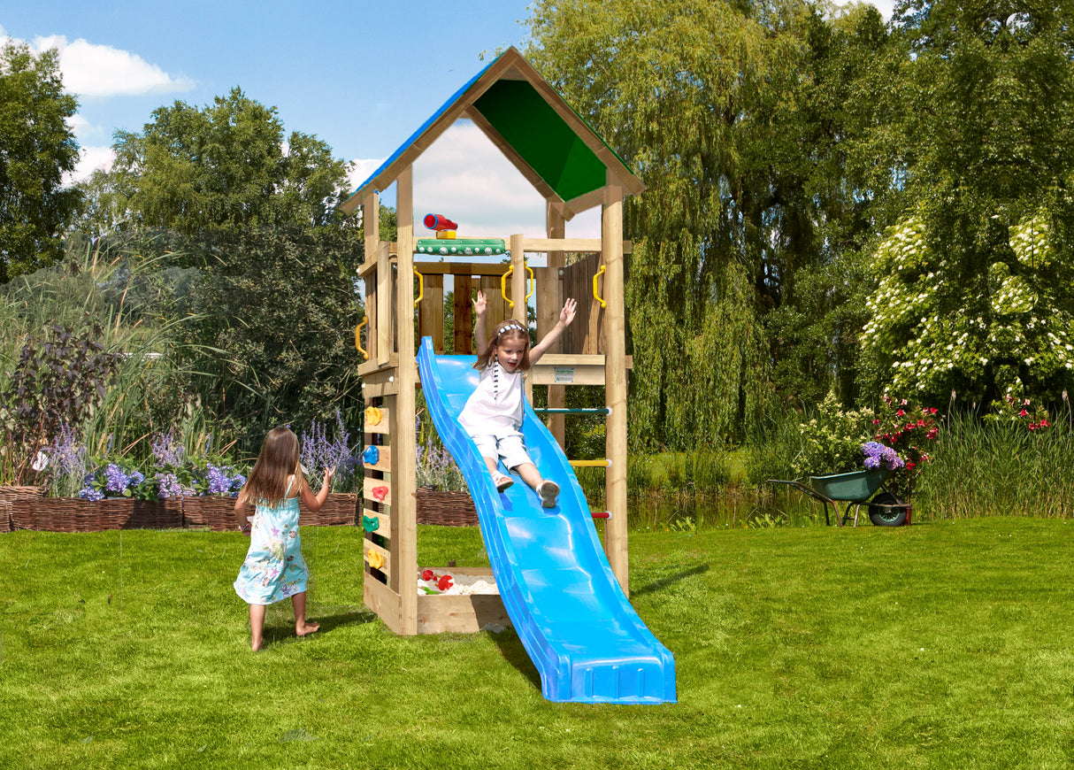 Legetårn Jungle Gym Lodge 2.1 inkl. Climb Module og blå rutschebane