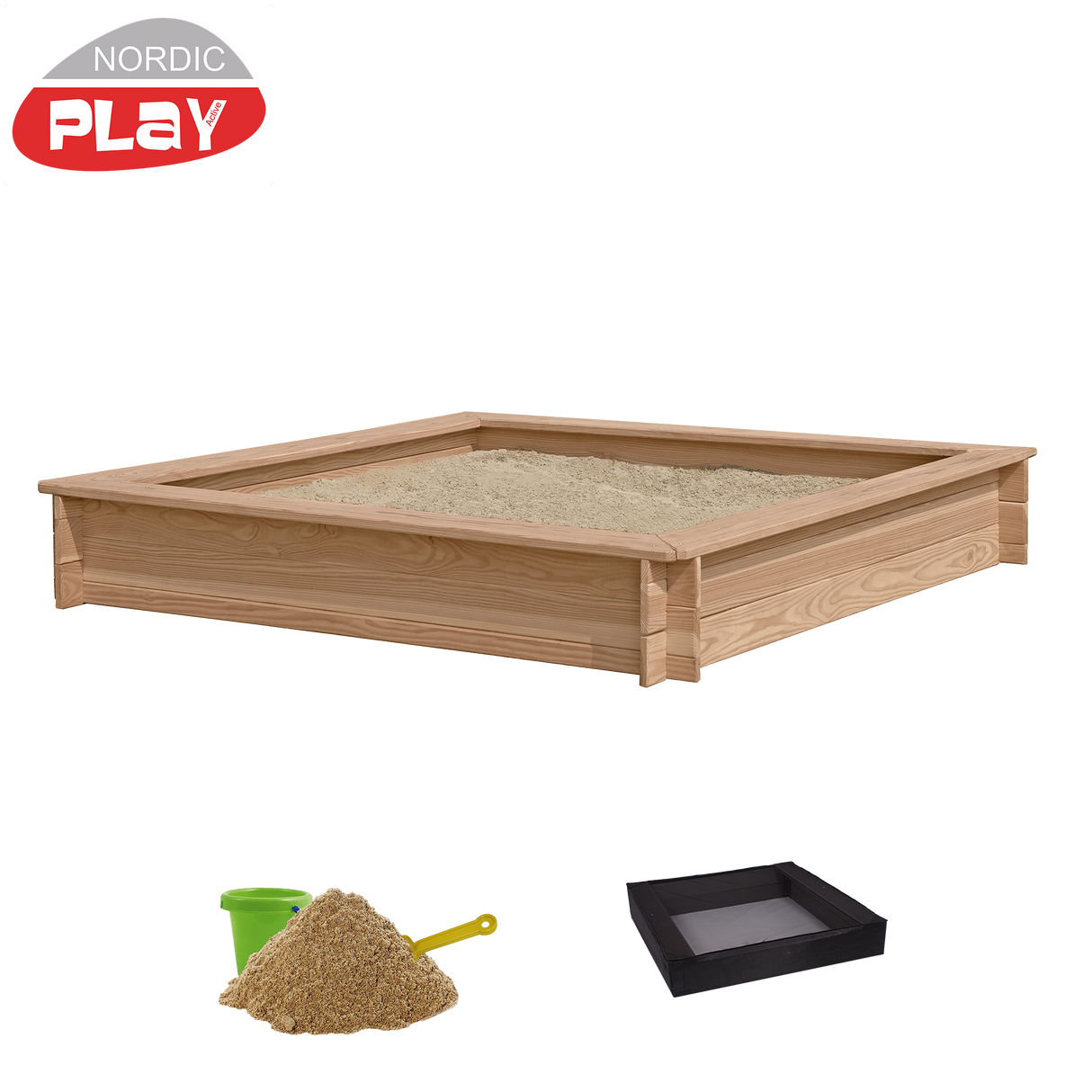 Sandkasse lærk 150x150 cm inkl. net og 200 kg sand