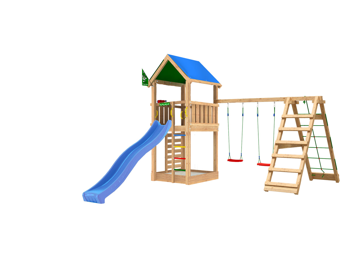 Legetårn Jungle Gym Lodge 2.1 inkl. Climb Module og blå rutschebane