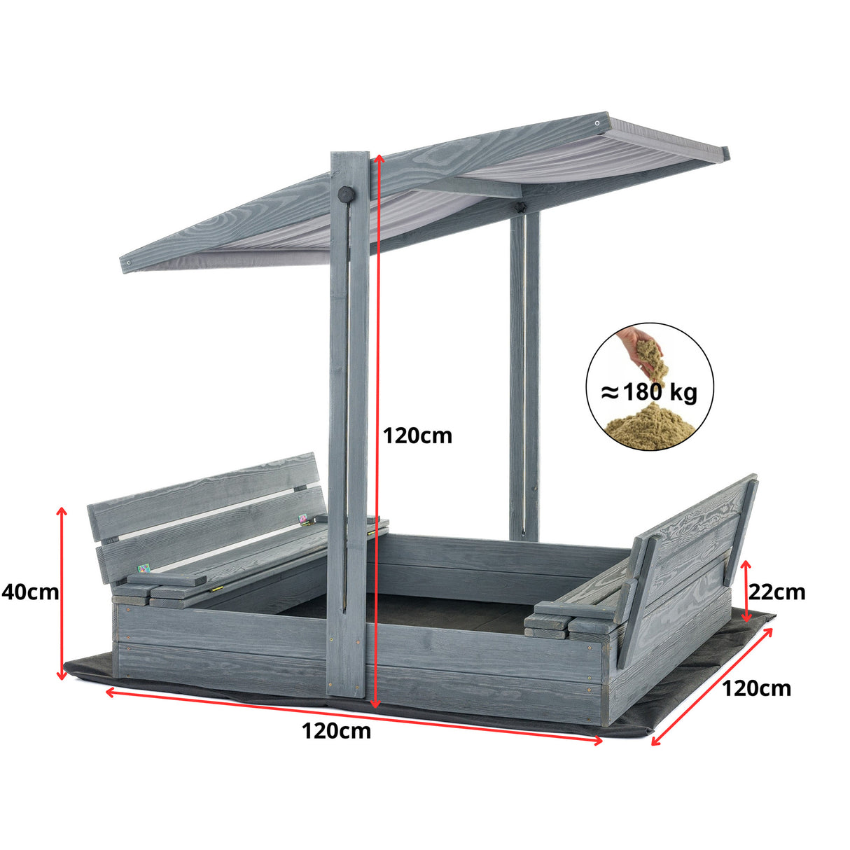 Sandkasse m/justerbart tag 120 x 120 cm, grå, grundmalet