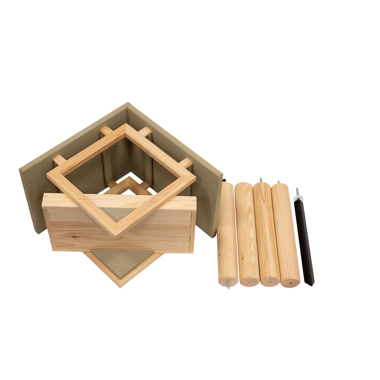 Fuglefoderhus af fyrretræ olivengrøn med umalet stander