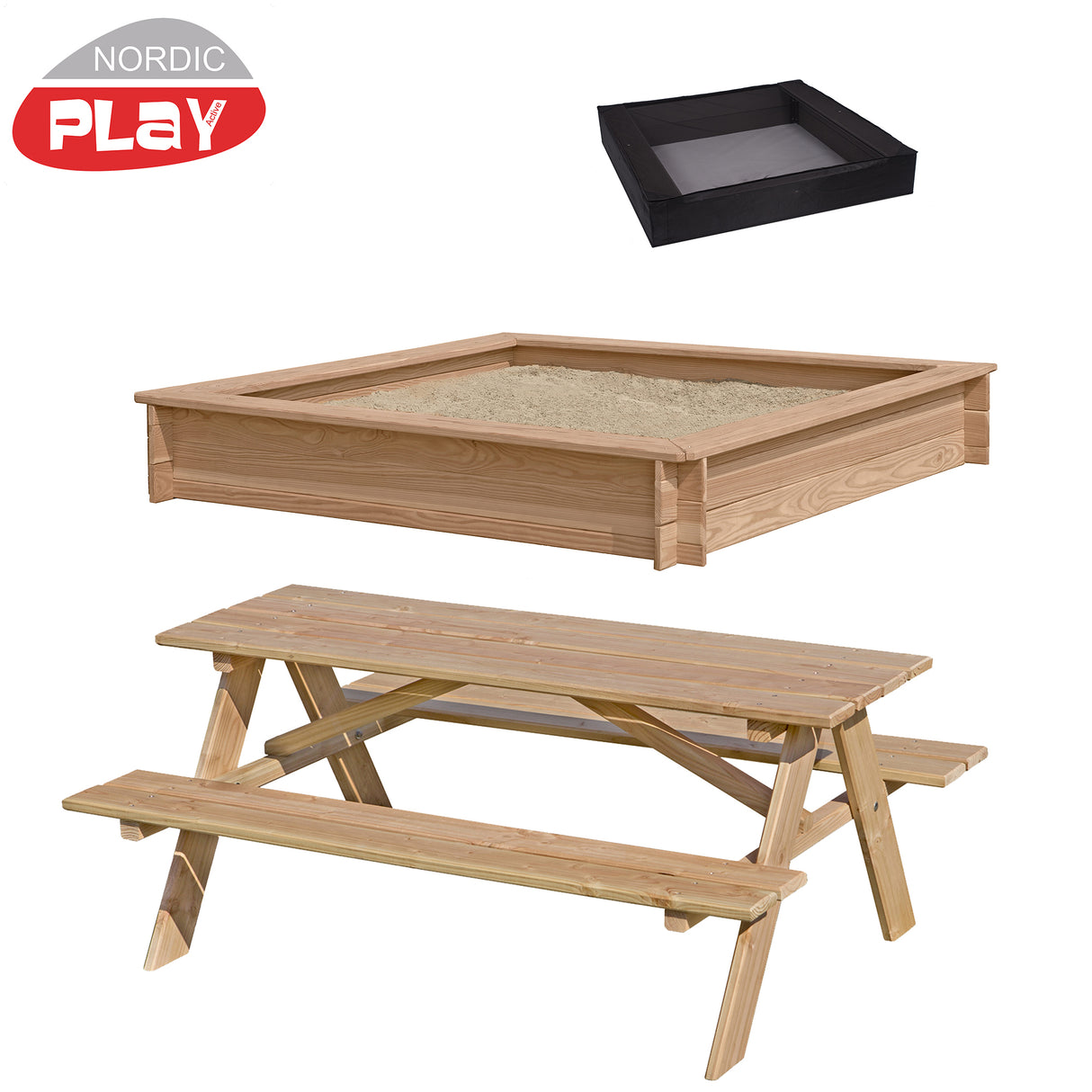 Sampak sandkasse, børne bordbænkesæt i lærk og sandkassenet
