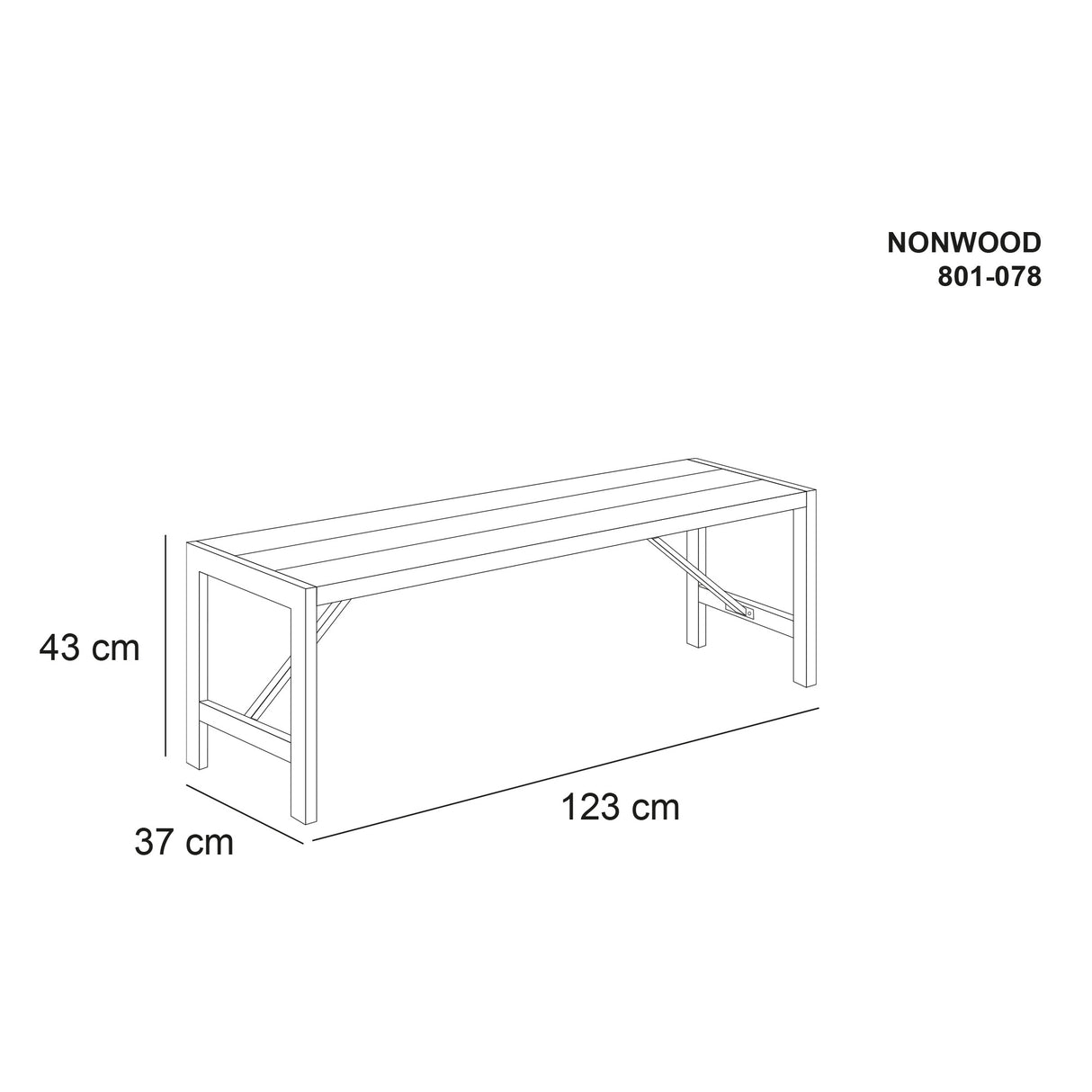 Bænk H-model 123 cm. nonwood antracit og galv. stel