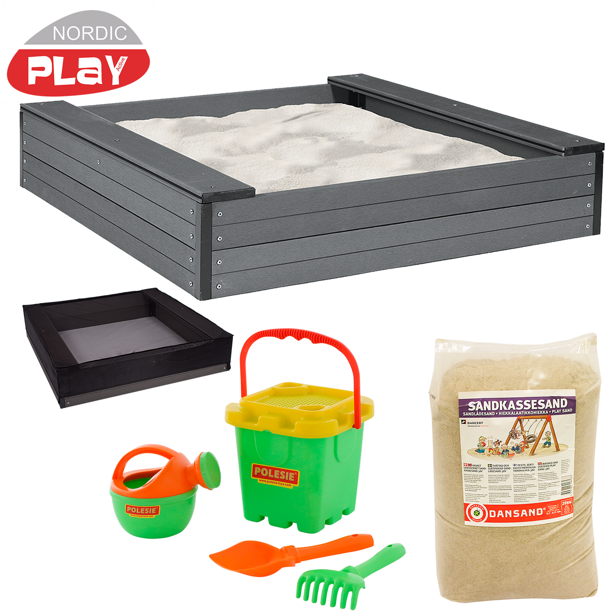 Sandkasse WPC 120 x 120 cm med net, 240 kg sand og grønt strandsæt