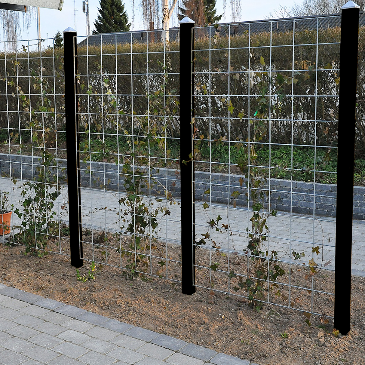 3 fag Rio-net espalier galvaniseret 90 x 150 cm inkl. beslag inkl. 4 sortmalet stolper 240 cm