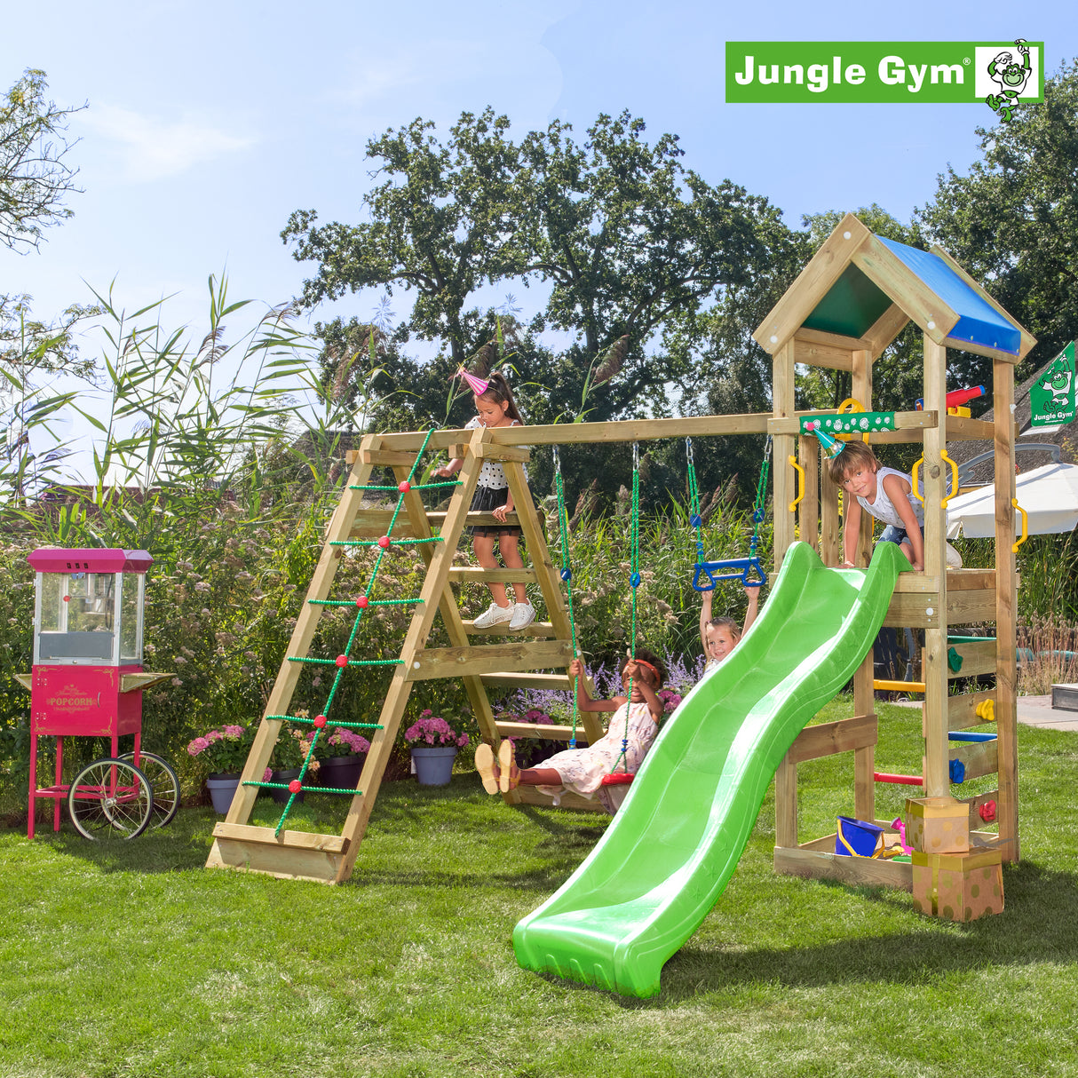 Legetårn Jungle Gym Patio m/2-Climb Module 200 og grøn rutsjebane