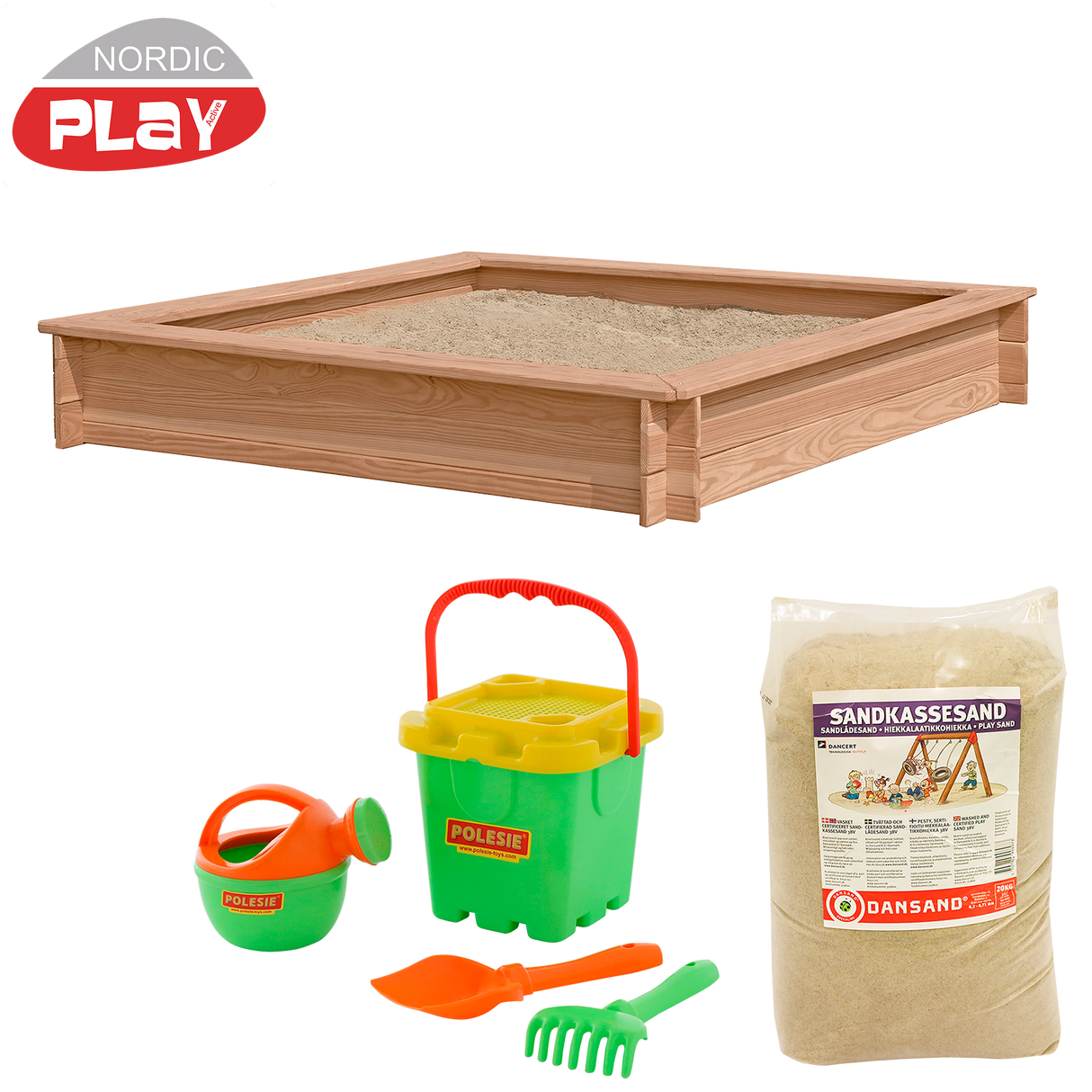 Sandkasse lærk 150 x 150 cm med 240 kg sand og grønt strandsæt