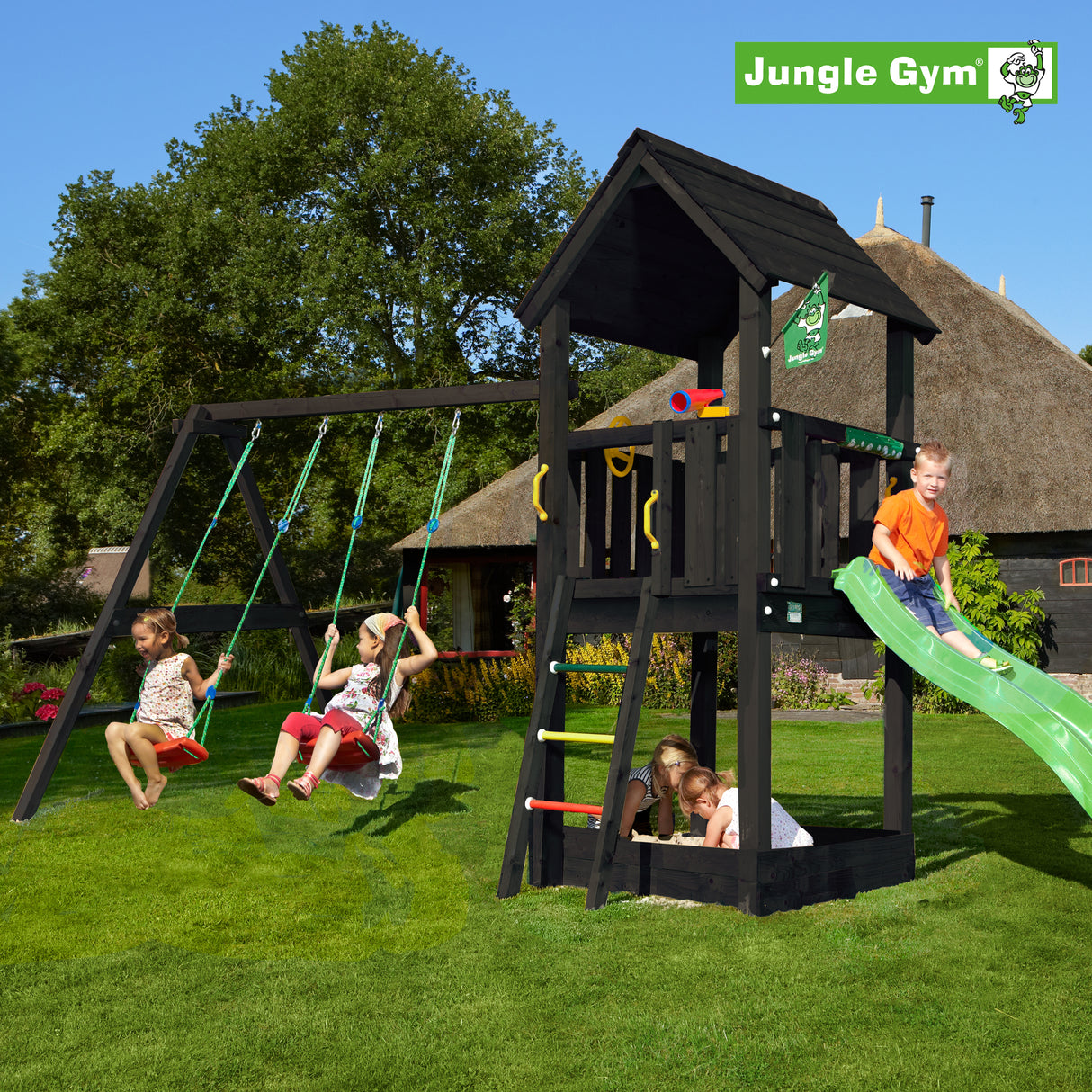 Legetårn Jungle Gym Club, grundmalet sort, w/2-Swing Module 220 ekskl. rutschebane