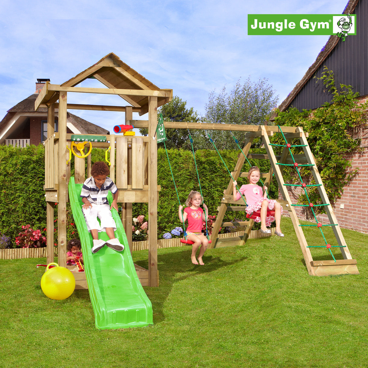 Legetårn Jungle Gym House 2.1 m/2-Climb Module 220 og grøn rutschebane