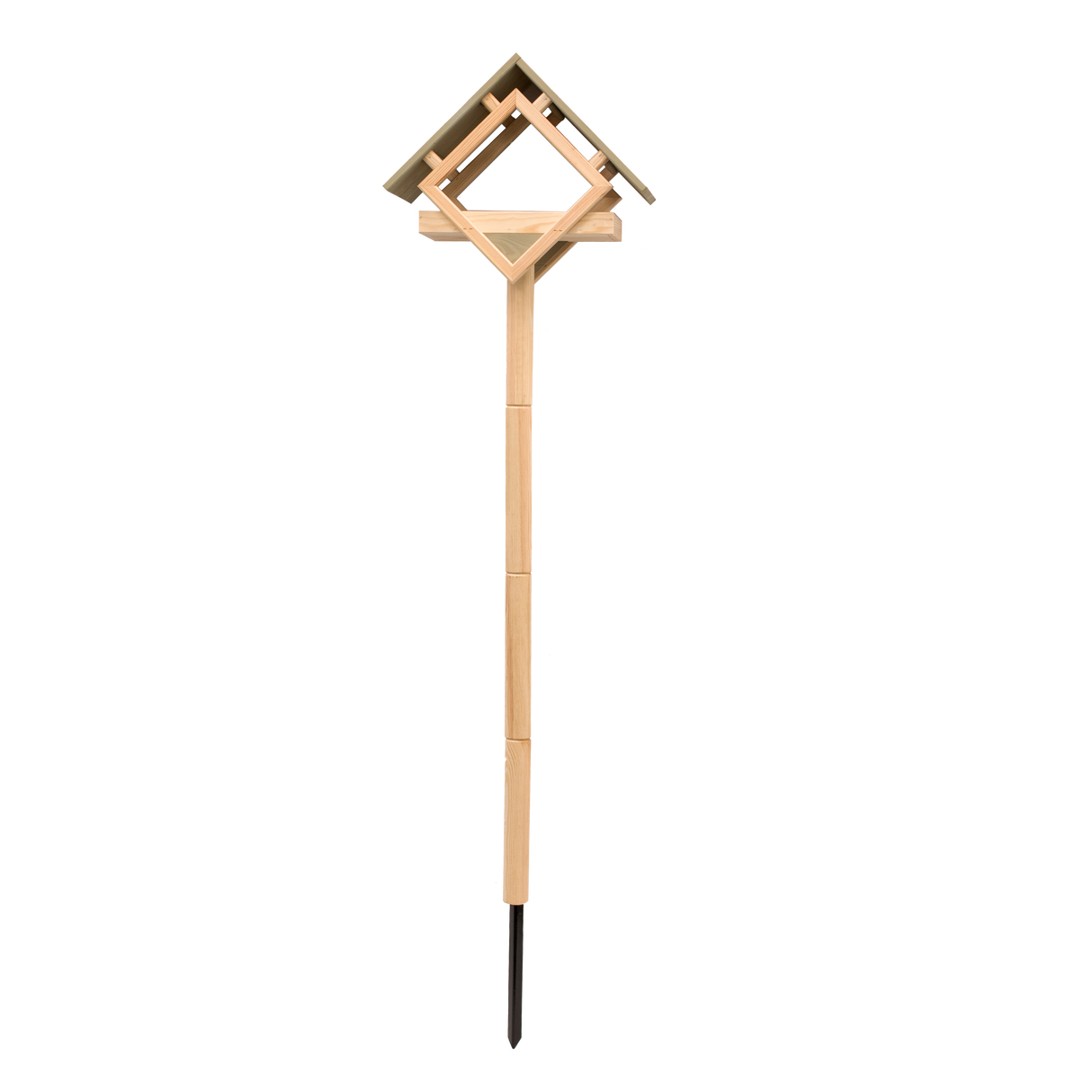 Fuglefoderhus af fyrretræ olivengrøn med umalet stander