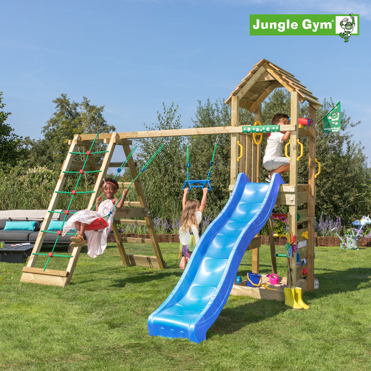 Legetårn Jungle Gym Cocoon m/2-Climb Module 200 og blå rutsjebane