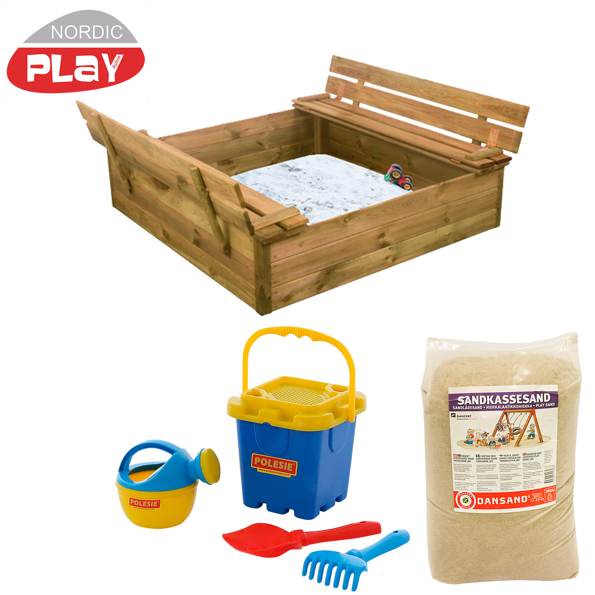 Sandkasse med bænk & låg 120 x 120 cm, med 240 kg sand og blåt strandsæt