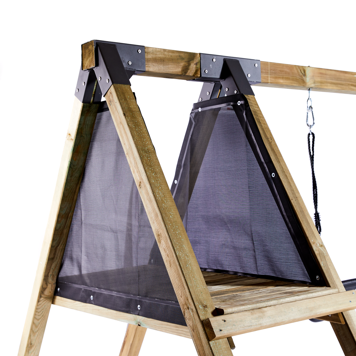 Gyngestativ med climb modul, sort gyngesæde og sort trapezgynge inkl. grøn rutsjebane