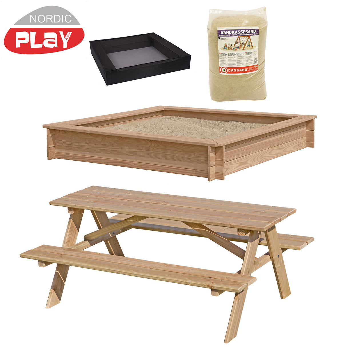 Sampak sandkasse, børne bordbænkesæt i lærk og sandkassenet og sand