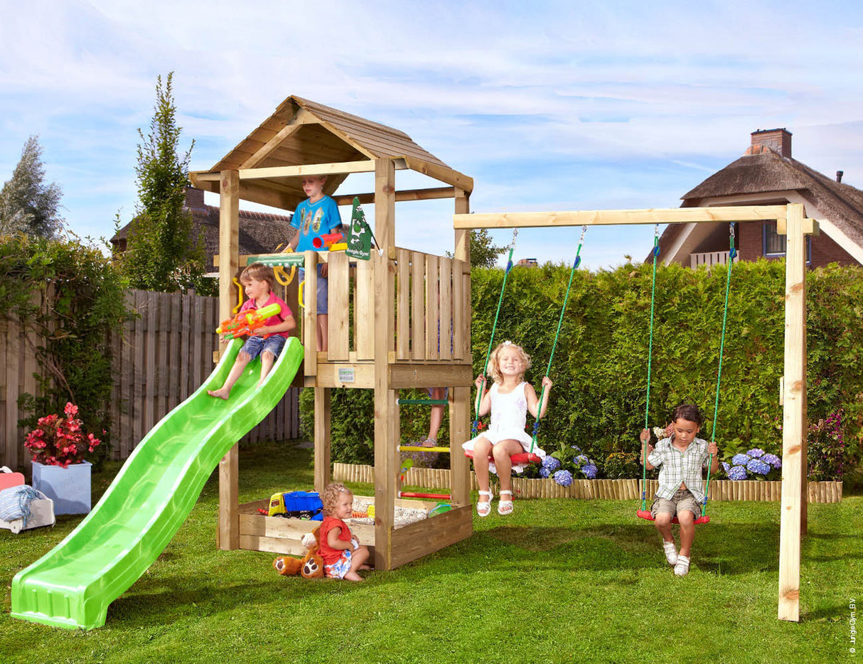 Legetårn Jungle Gym House 2.1 m/2-Swing Module 220 og grøn rutschebane