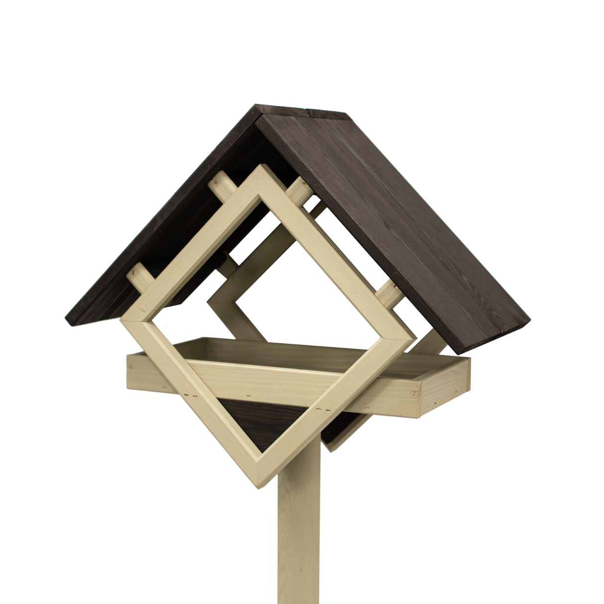 Fuglefoderhus af fyrretræ sort med olivengrøn stander