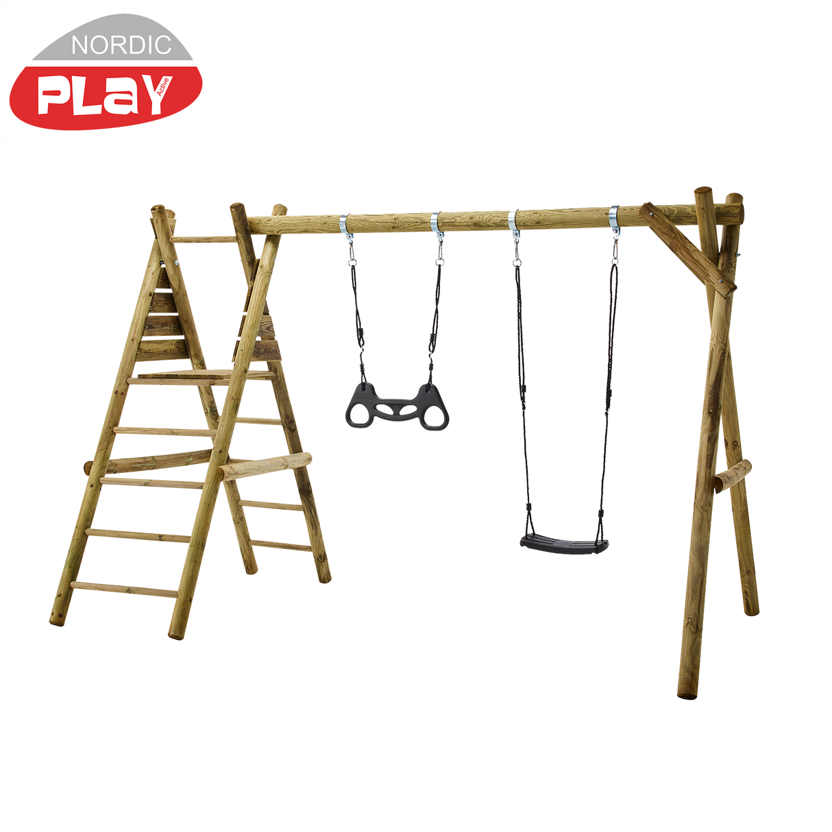 Gyngestativ med 1 sort gynge og 1 sort trapez og gyngebeslag ekskl. Rutschebane