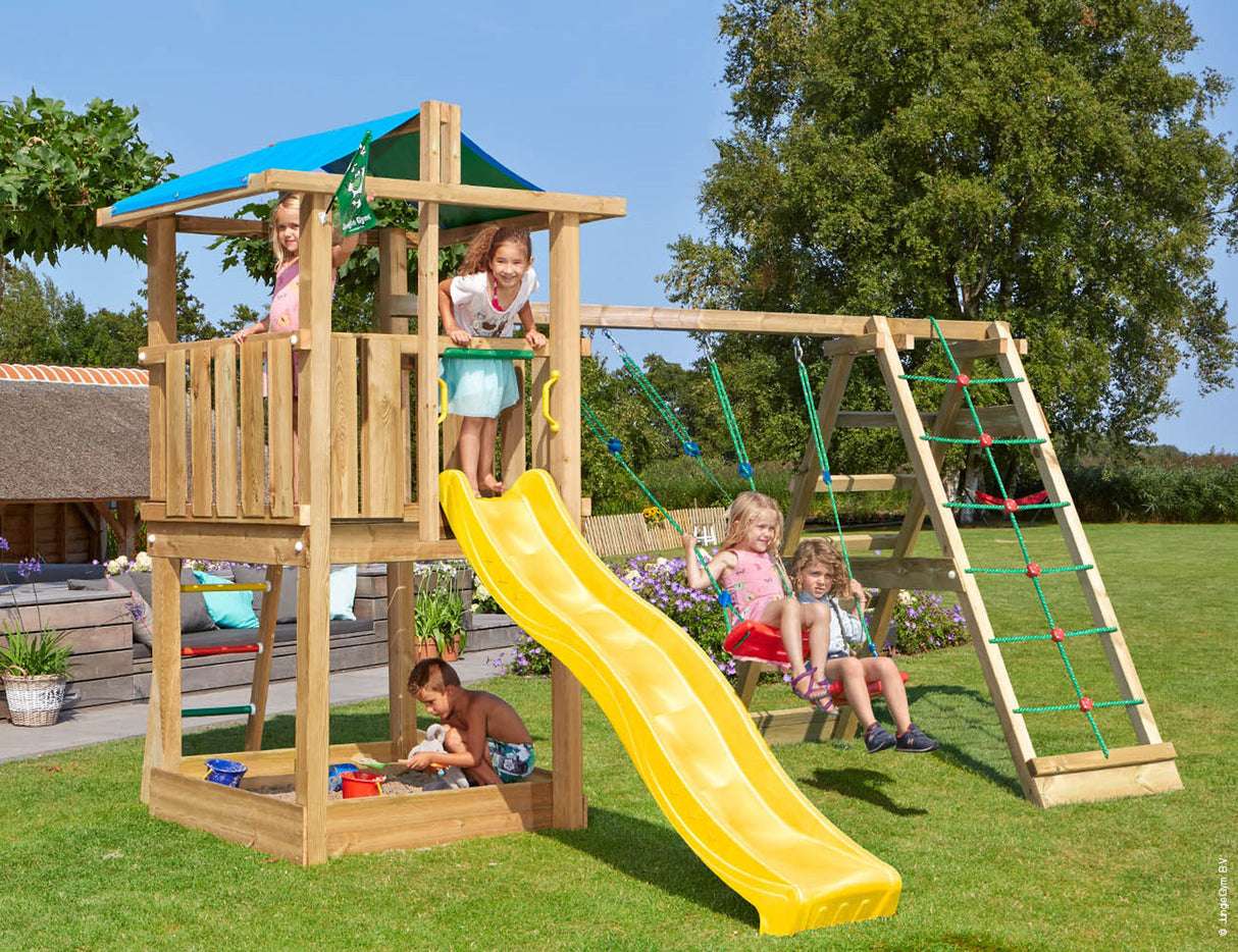 Legetårn Jungle Gym Hut 2.1 m/2-Climb Module 220 og gul rutschebane