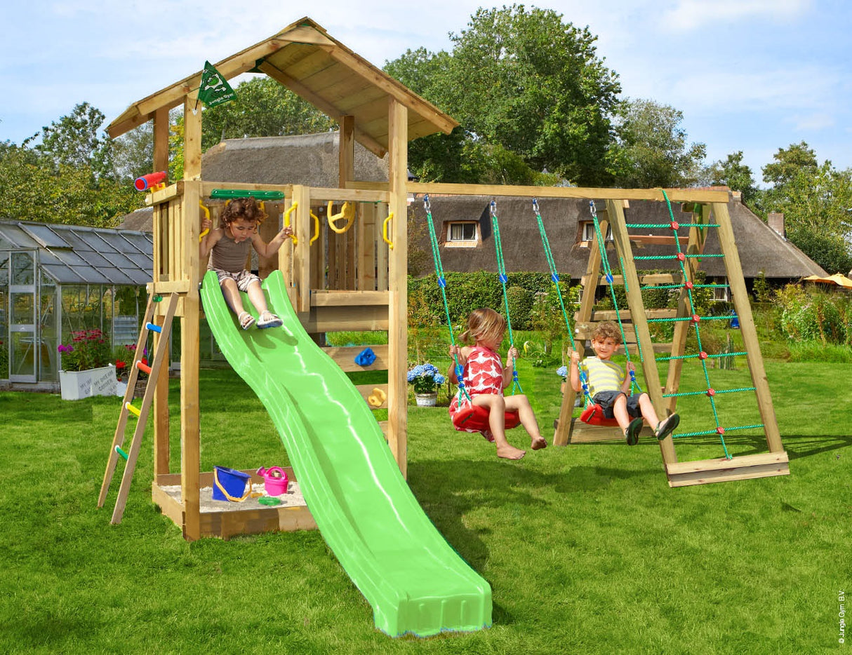 Legetårn Jungle Gym Sierra 2.1 m/2-Climb Module 220 og grøn rutschebane