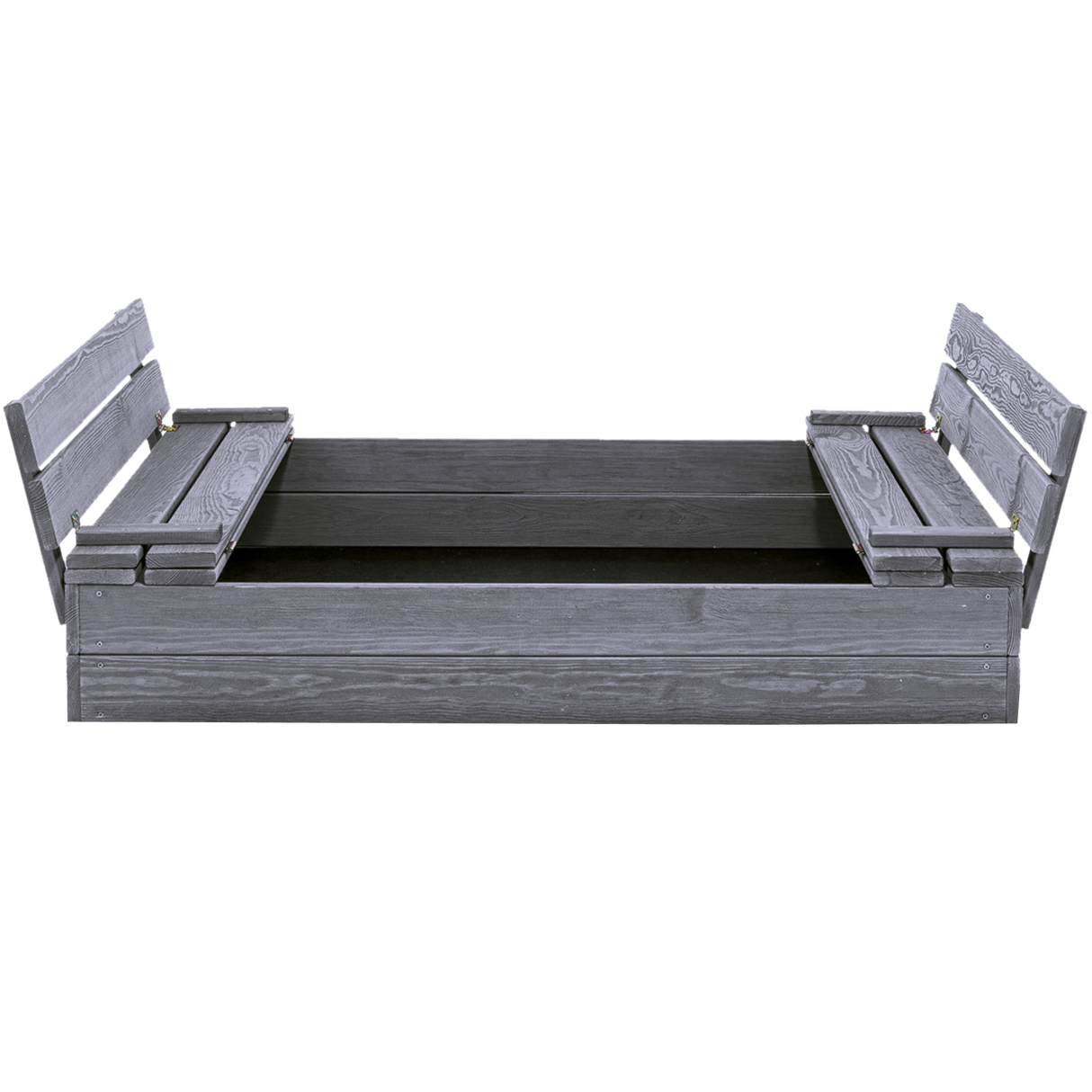 Sandkasse 120 x 120 cm med vippelåg og bænk, grå, grundmalet
