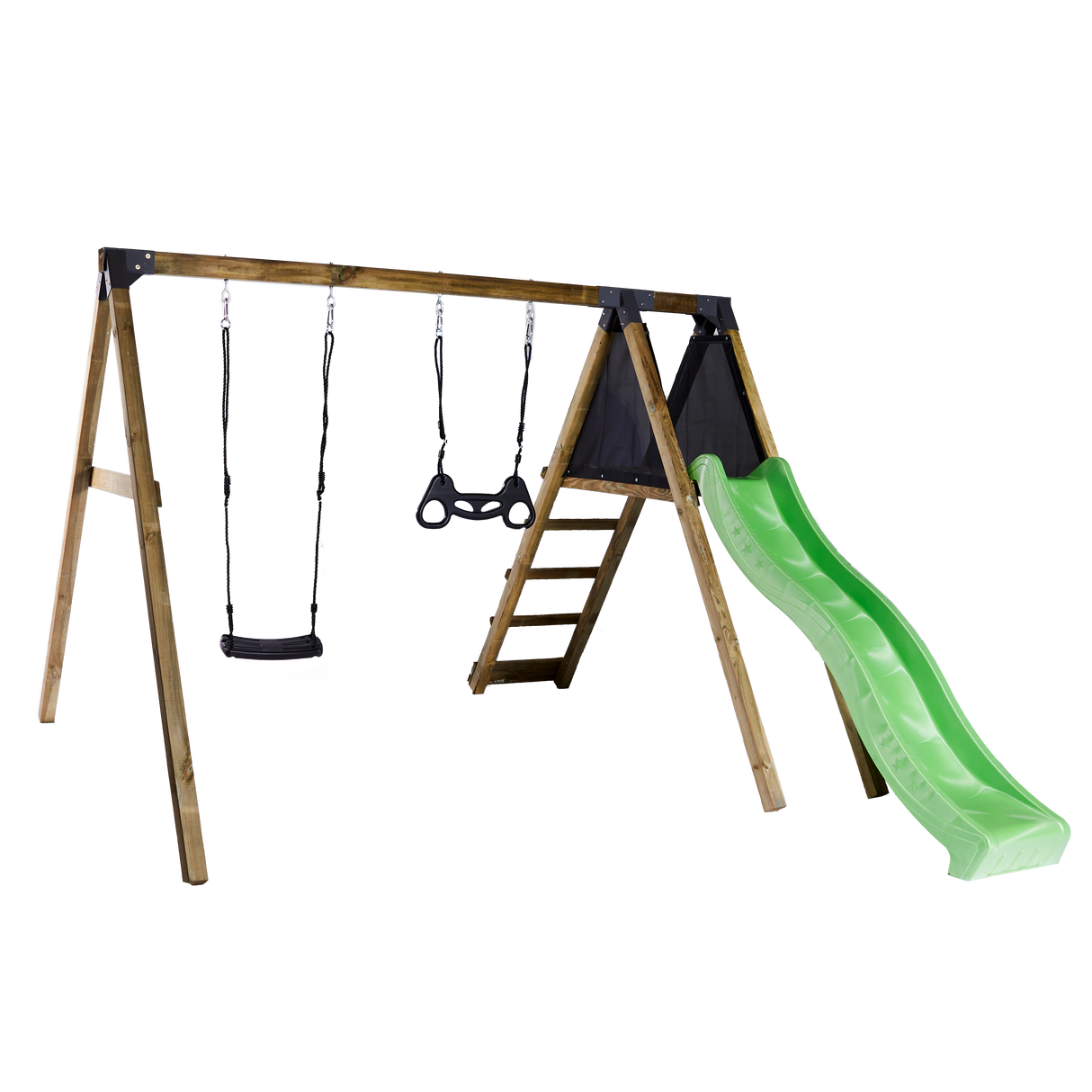 Gyngestativ med climb modul, sort gyngesæde og sort trapezgynge inkl. grøn rutsjebane