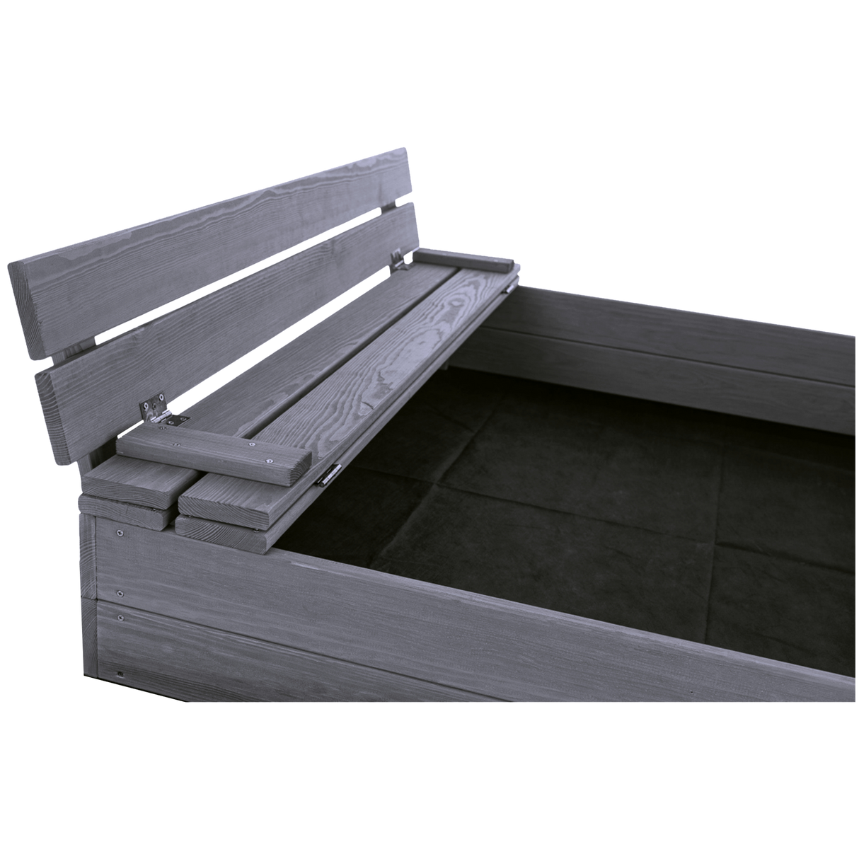 Sandkasse 120 x 120 cm med vippelåg og bænk, grå, grundmalet