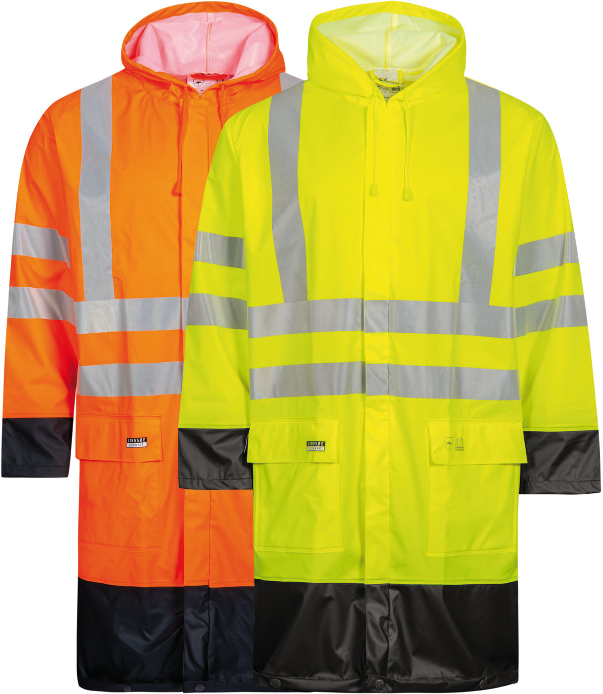 Hi-Vis regnjakke i PU kvalitet, 100 cm lang - Saturn Gul / Navy