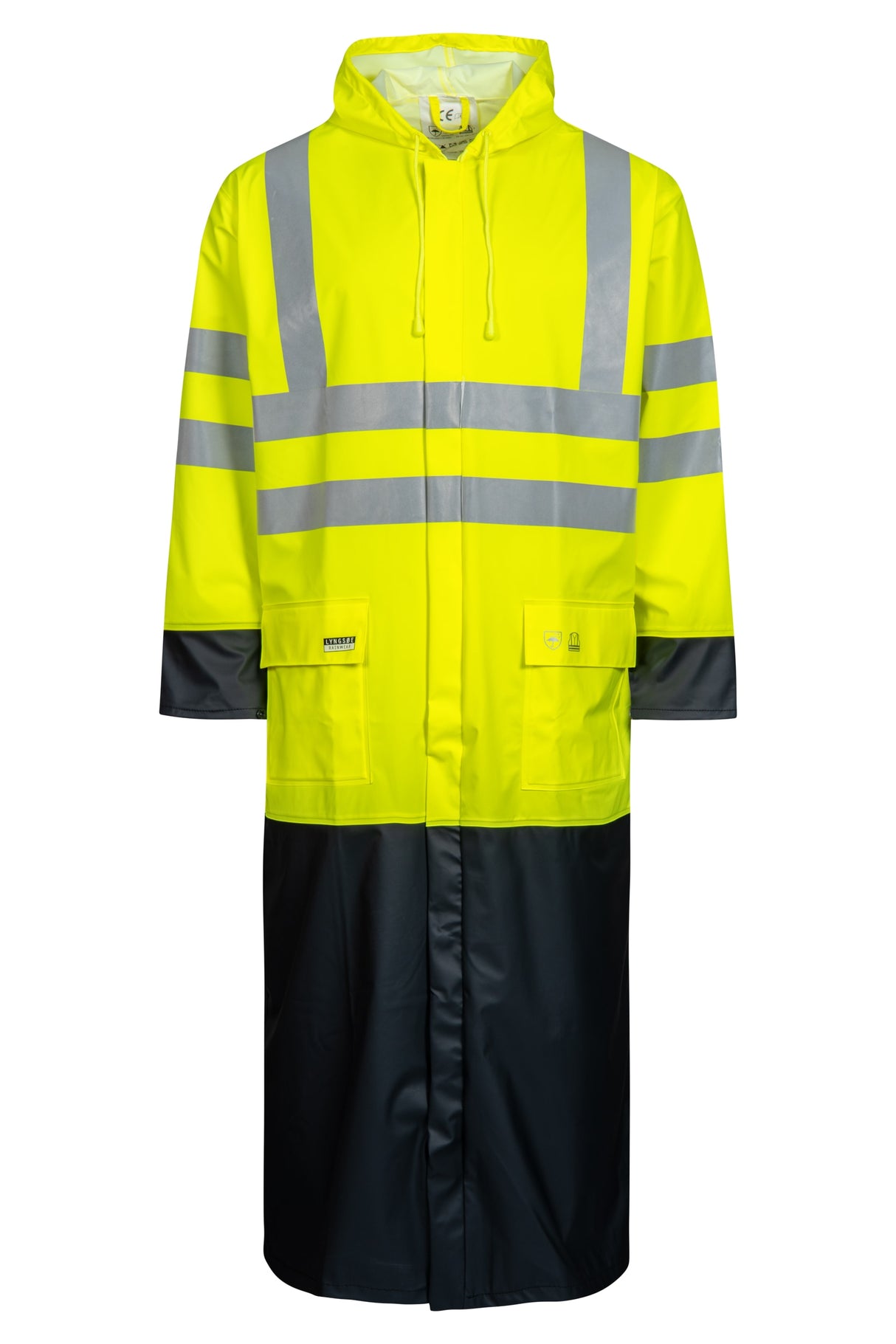 Hi-Vis regnjakke i PU kvalitet, 135 cm lang - Saturn Gul / Navy